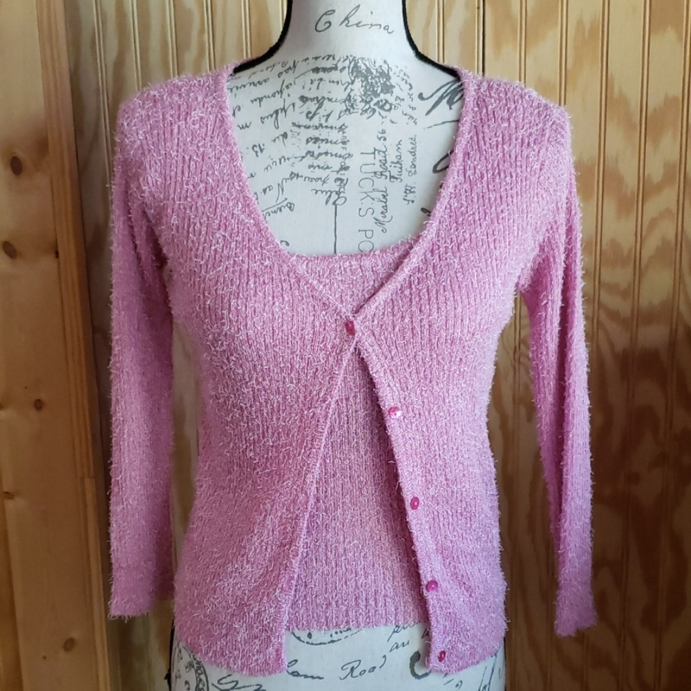 Cache' Pink Textured Tank Cardigan Set